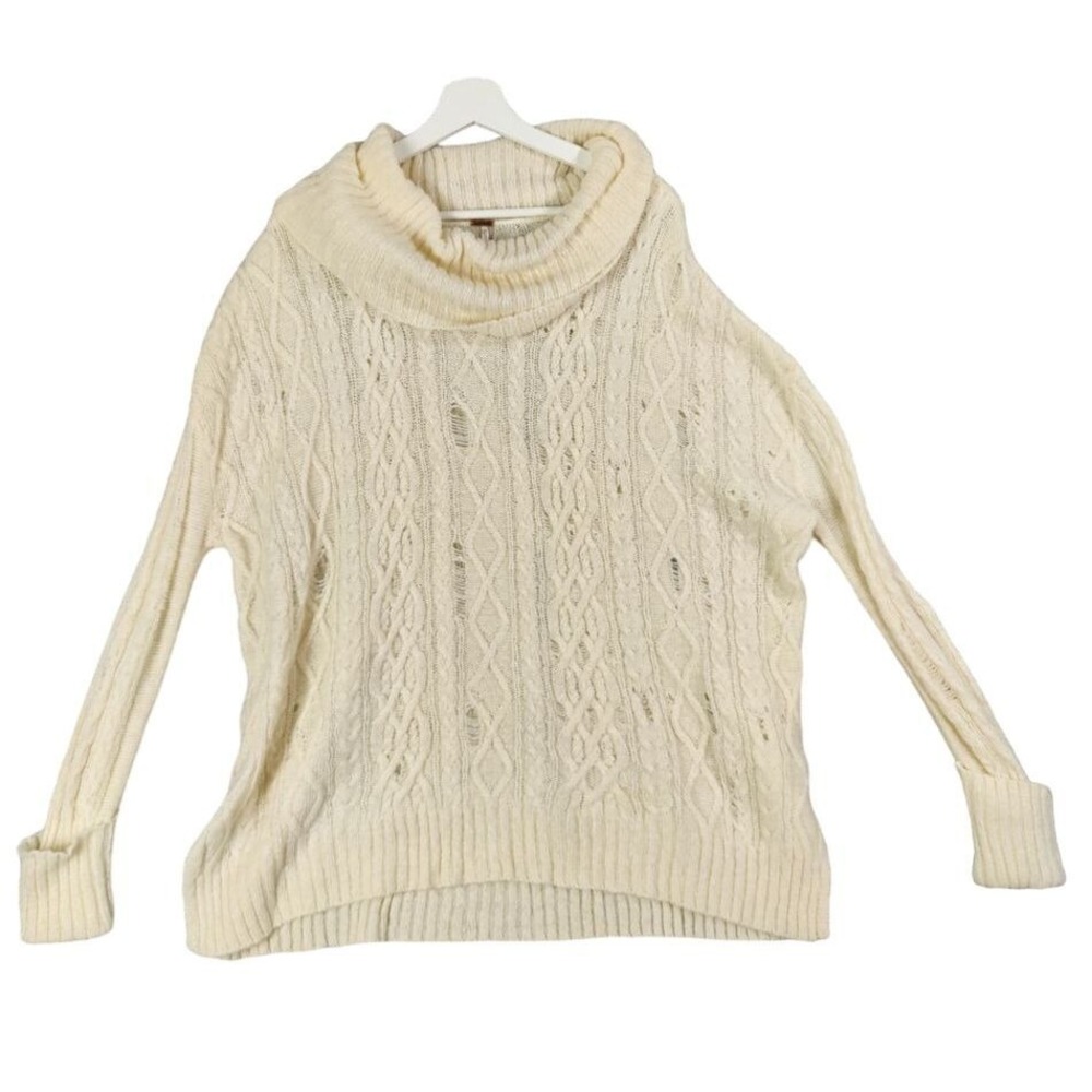 Free People Womens Grunge Alpaca Wool Cowl Neck Knit Sweater L Cream Distressed